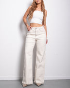 Cream With Accent Stitching Wide Leg Jeans With Red Patch | SEISHIKI STUDIO