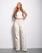 Cream With Accent Stitching Wide Leg Jeans With Red Patch | SEISHIKI STUDIO
