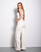 Cream With Accent Stitching Wide Leg Jeans With Red Patch | SEISHIKI STUDIO