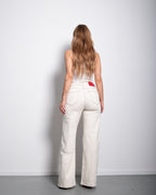 Cream With Accent Stitching Wide Leg Jeans With Red Patch | SEISHIKI STUDIO