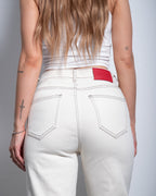 Cream With Accent Stitching Wide Leg Jeans With Red Patch | SEISHIKI STUDIO