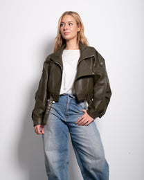Oversized Cropped Faux Leather High Collar Jacket OLIVE | SEISHIKI STUDIO