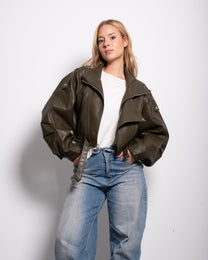 Oversized Cropped Faux Leather High Collar Jacket OLIVE | SEISHIKI STUDIO