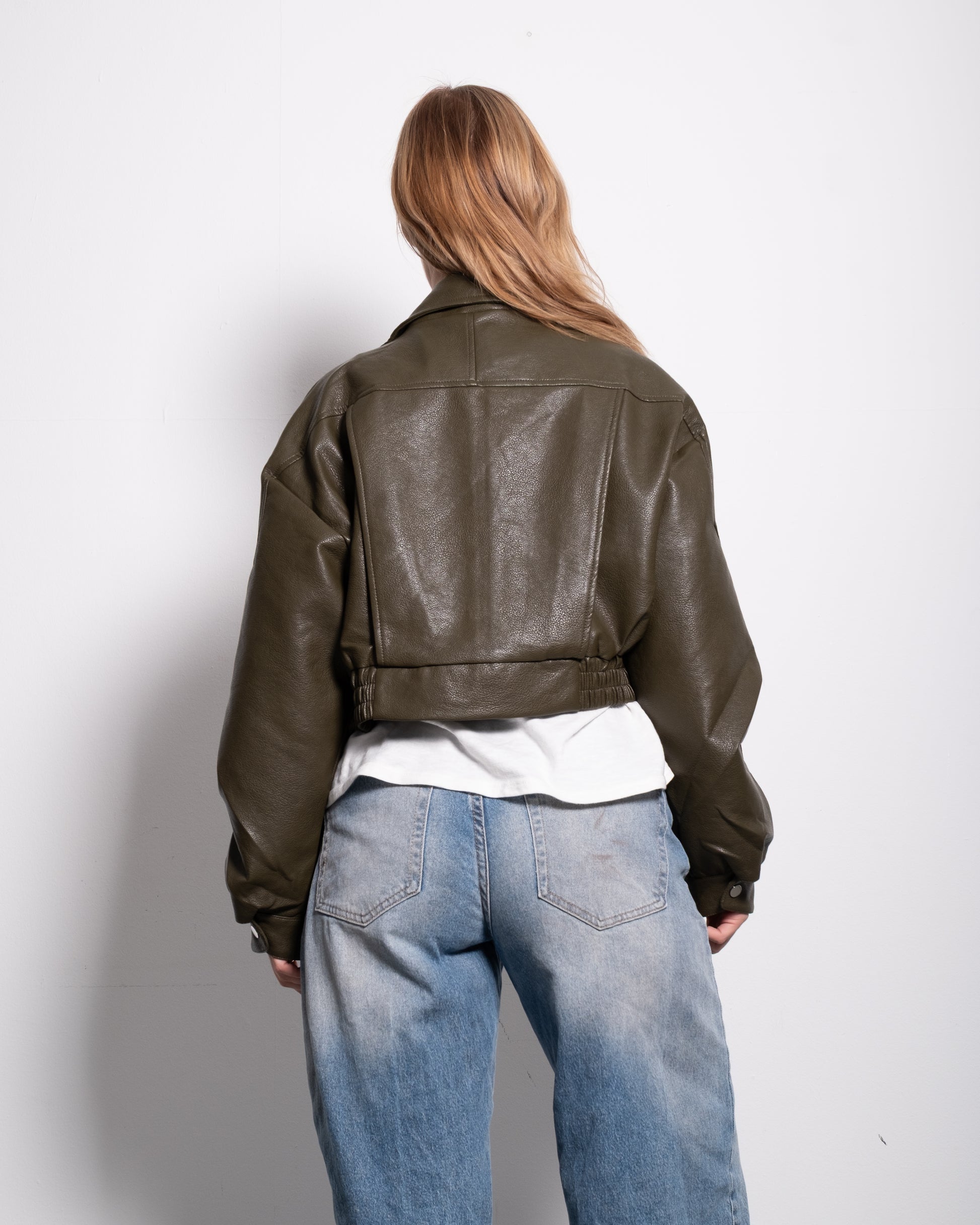 Oversized Cropped Faux Leather High Collar Jacket OLIVE | SEISHIKI STUDIO