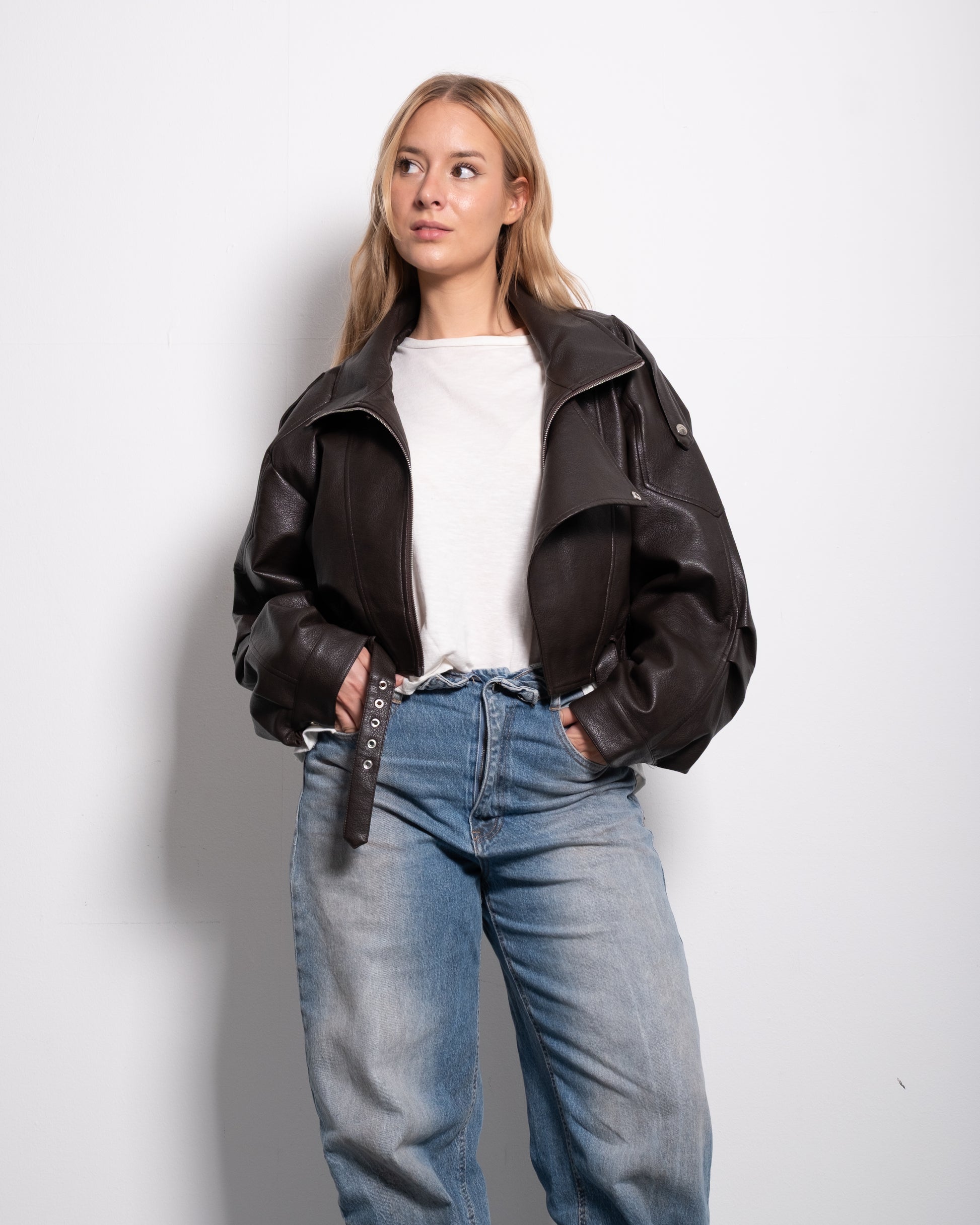 Oversized Cropped Faux Leather High Collar Jacket BROWN | SEISHIKI STUDIO