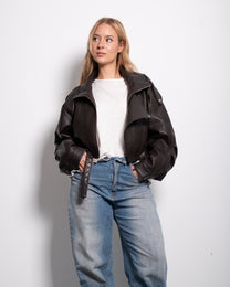 Oversized Cropped Faux Leather High Collar Jacket BROWN | SEISHIKI STUDIO