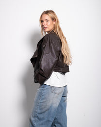 Oversized Cropped Faux Leather High Collar Jacket BROWN | SEISHIKI STUDIO