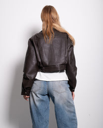 Oversized Cropped Faux Leather High Collar Jacket BROWN | SEISHIKI STUDIO