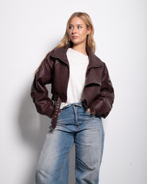 Oversized Cropped Faux Leather High Collar Jacket BURGUNDY | SEISHIKI STUDIO