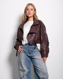 Oversized Cropped Faux Leather High Collar Jacket BURGUNDY | SEISHIKI STUDIO