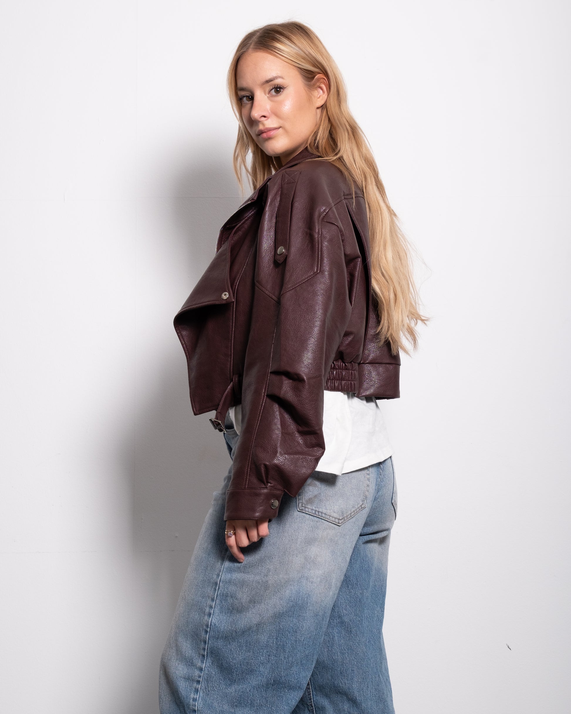 Oversized Cropped Faux Leather High Collar Jacket BURGUNDY | SEISHIKI STUDIO