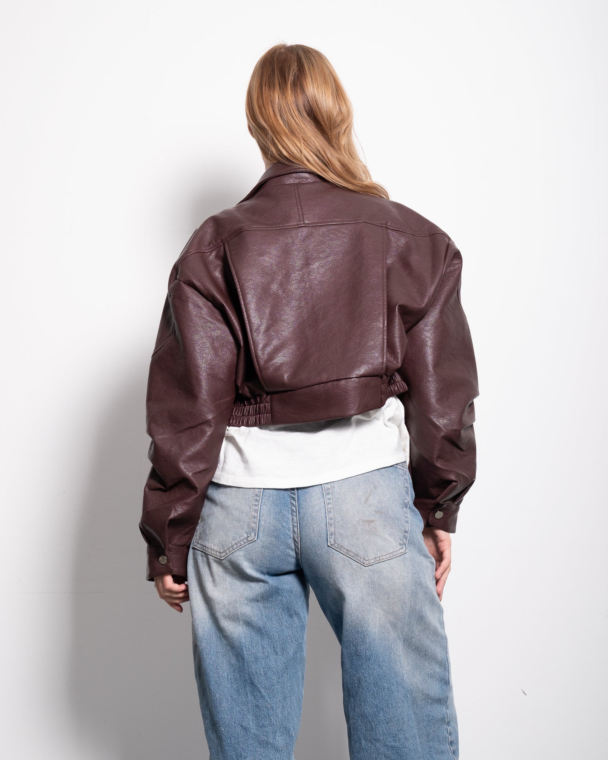 Oversized Cropped Faux Leather High Collar Jacket BURGUNDY | SEISHIKI STUDIO