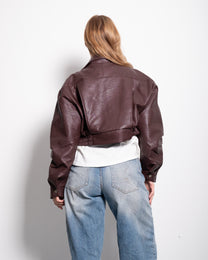 Oversized Cropped Faux Leather High Collar Jacket BURGUNDY | SEISHIKI STUDIO