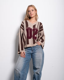 Varsity Stripe V-Neck Sweater Brown/Beige | SEISHIKI STUDIO