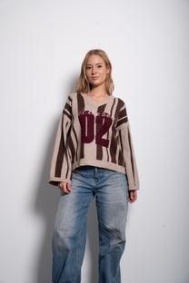 Varsity Stripe V-Neck Sweater Brown/Beige | SEISHIKI STUDIO