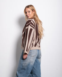 Varsity Stripe V-Neck Sweater Brown/Beige | SEISHIKI STUDIO