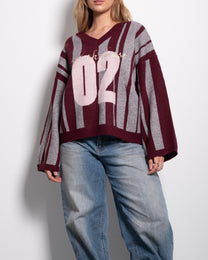Varsity Stripe V-Neck Sweater Burgundy/Grey | SEISHIKI STUDIO