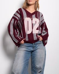 Varsity Stripe V-Neck Sweater Burgundy/Grey | SEISHIKI STUDIO
