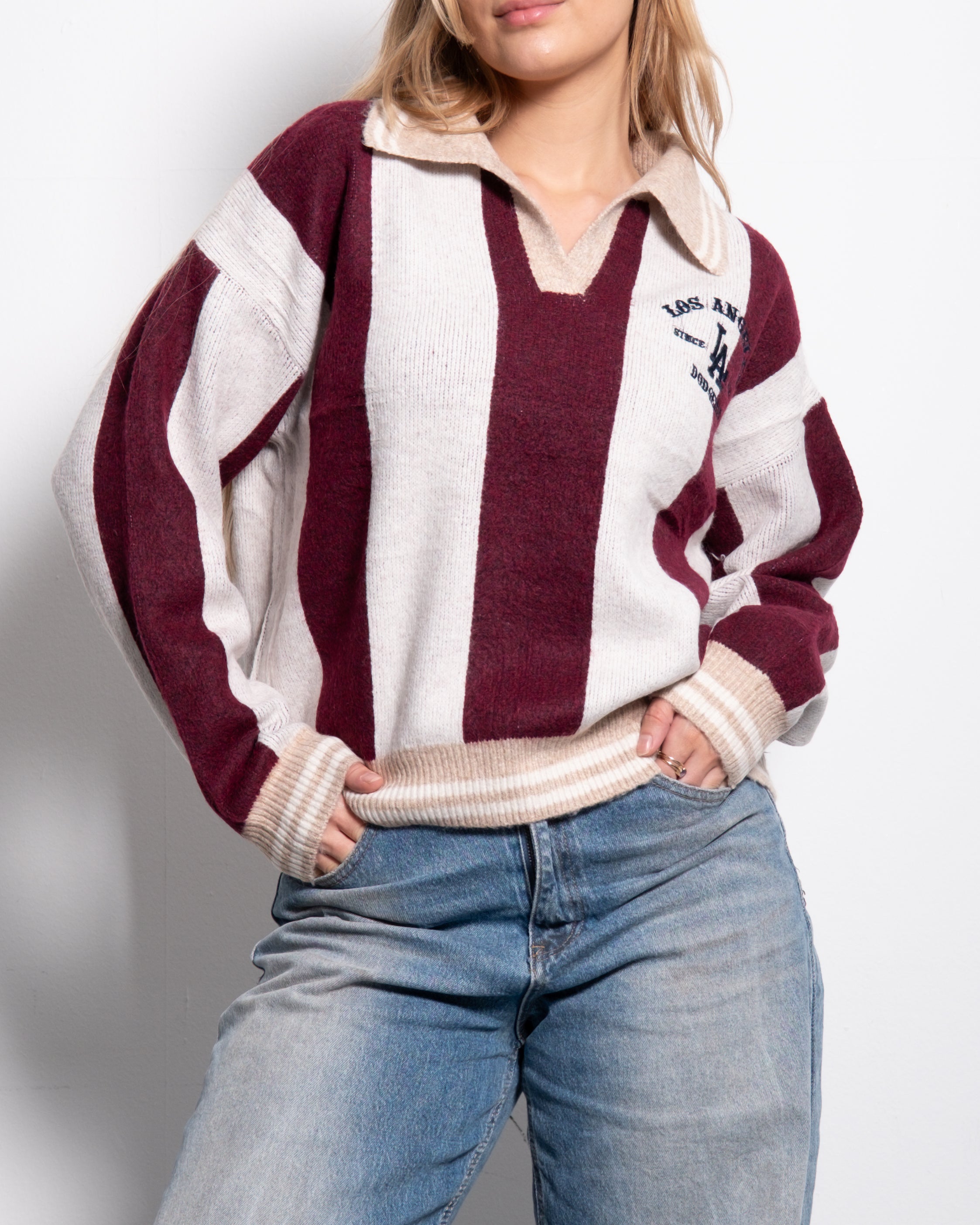 Varsity Stripe Polo Sweater Burgundy | SEISHIKI STUDIO