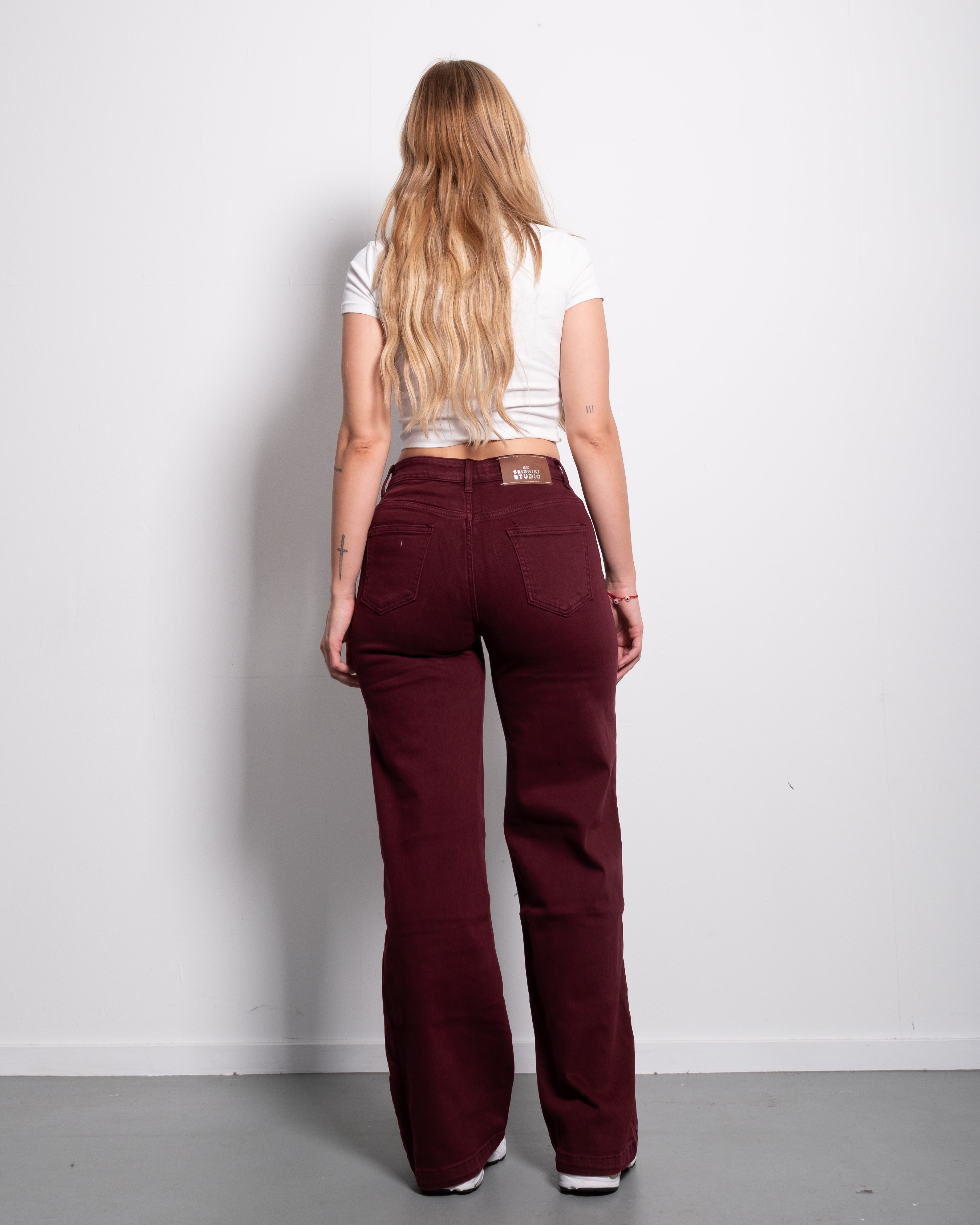 STRETCHY STRAIGHT LEG JEANS BURGUNDY - INSEAM 78CM | SEISHIKI STUDIO