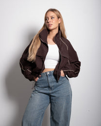 Oversized Contrast Piping Drawstring Windbreaker Jacket Brown | SEISHIKI STUDIO