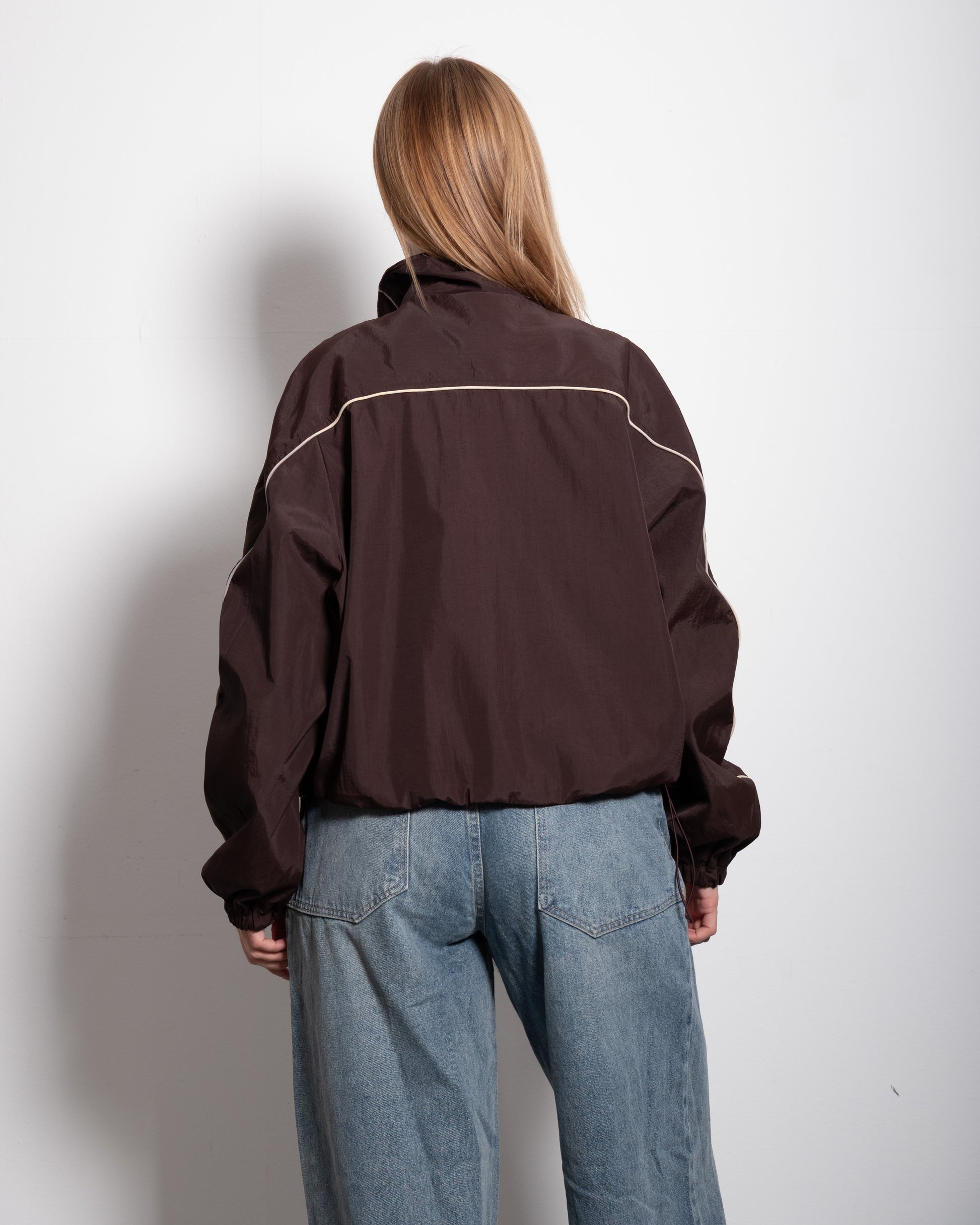 Oversized Contrast Piping Drawstring Windbreaker Jacket Brown | SEISHIKI STUDIO
