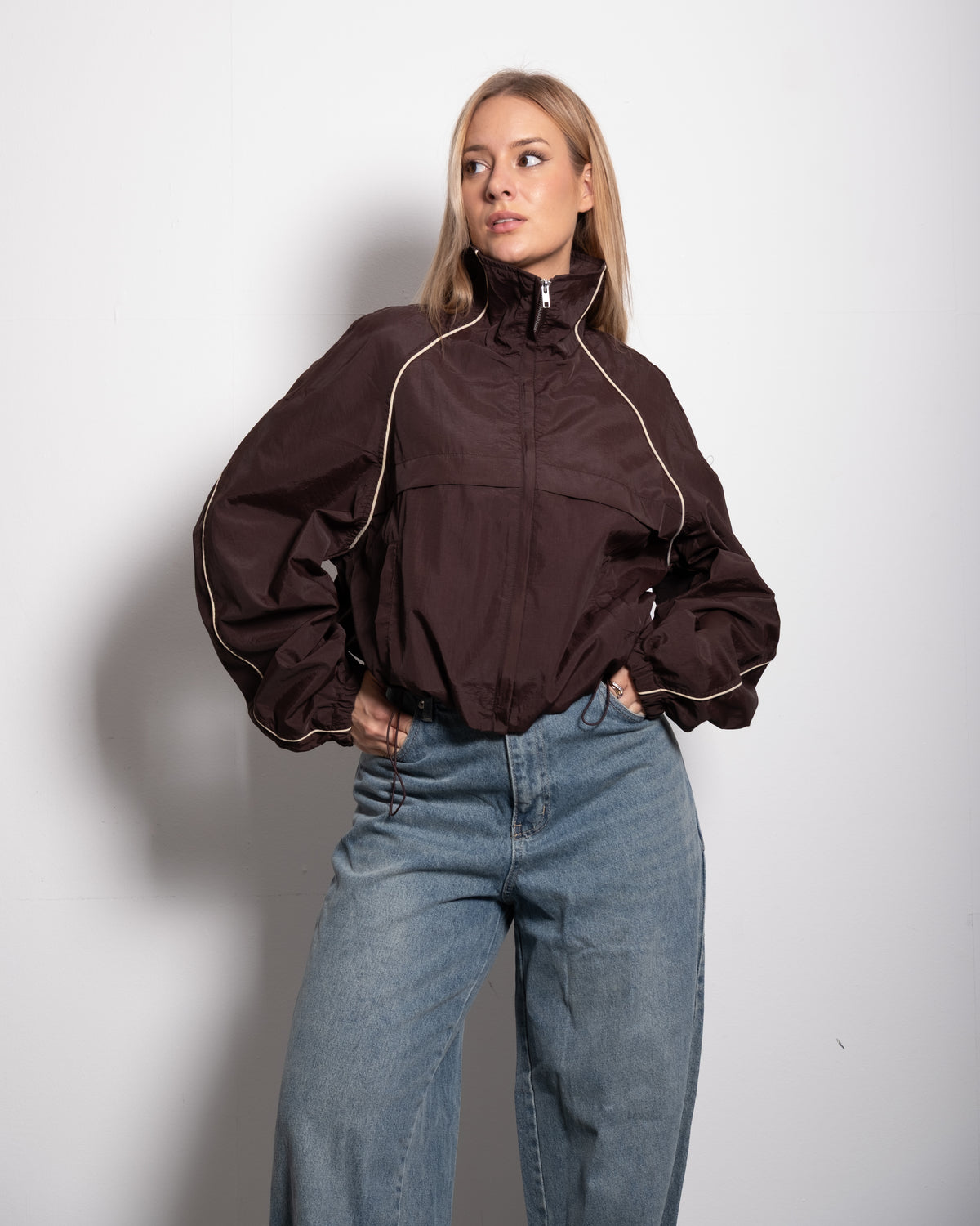 Oversized Contrast Piping Drawstring Windbreaker Jacket Brown | SEISHIKI STUDIO