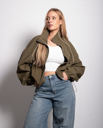 Oversized Contrast Piping Drawstring Windbreaker Jacket Green | SEISHIKI STUDIO