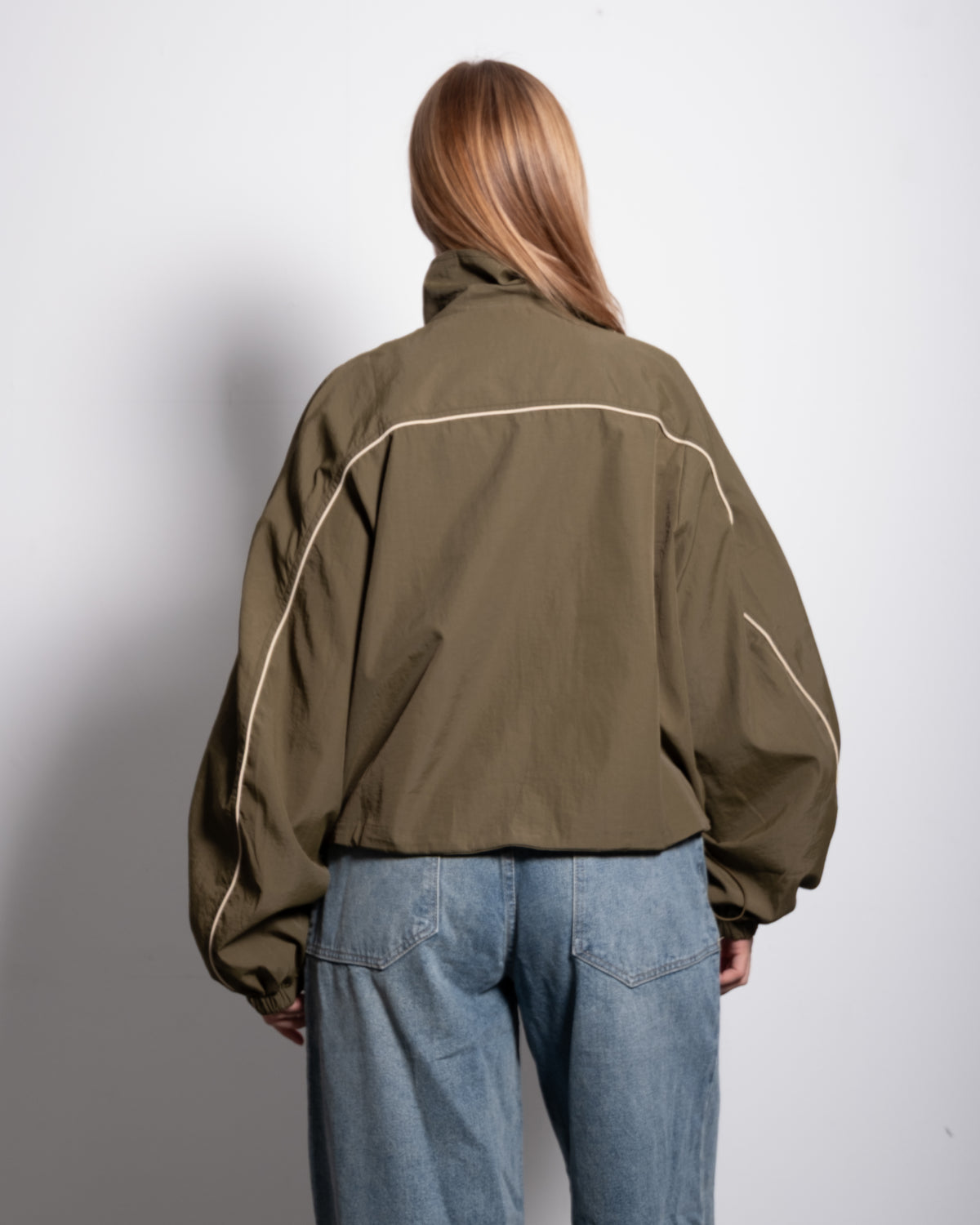 Oversized Contrast Piping Drawstring Windbreaker Jacket Green | SEISHIKI STUDIO