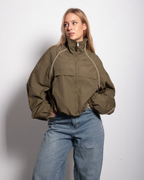 Oversized Contrast Piping Drawstring Windbreaker Jacket Green | SEISHIKI STUDIO