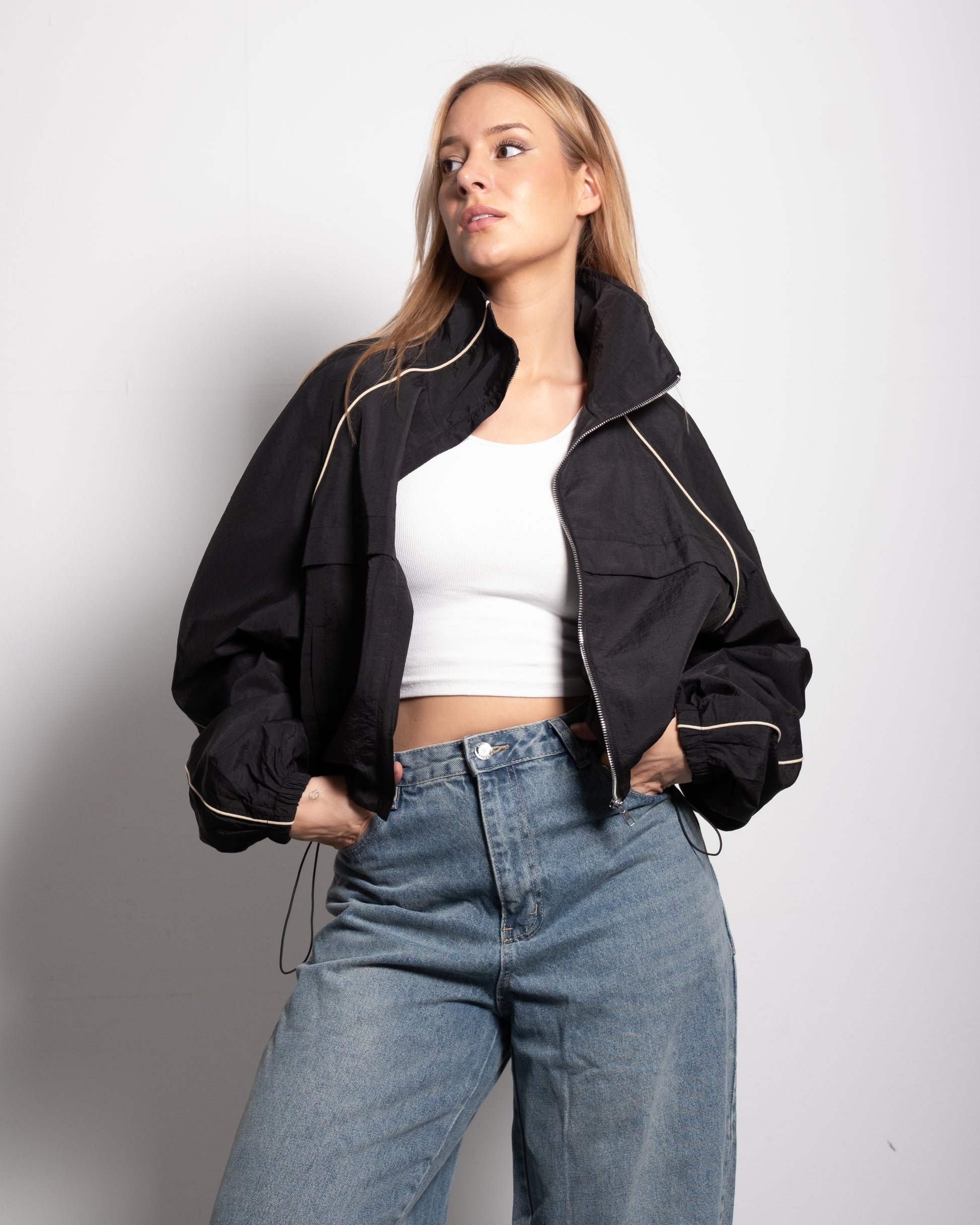Oversized Contrast Piping Drawstring Windbreaker Jacket Black | SEISHIKI STUDIO