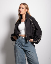 Oversized Contrast Piping Drawstring Windbreaker Jacket Black | SEISHIKI STUDIO