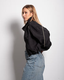 Oversized Contrast Piping Drawstring Windbreaker Jacket Black | SEISHIKI STUDIO