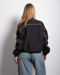 Oversized Contrast Piping Drawstring Windbreaker Jacket Black | SEISHIKI STUDIO