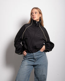 Oversized Contrast Piping Drawstring Windbreaker Jacket Black | SEISHIKI STUDIO