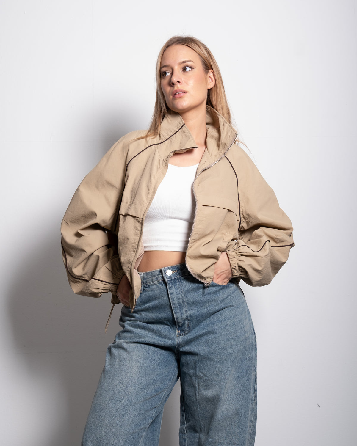 Oversized Contrast Piping Drawstring Windbreaker Jacket Taupe | SEISHIKI STUDIO