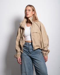 Oversized Contrast Piping Drawstring Windbreaker Jacket Taupe | SEISHIKI STUDIO