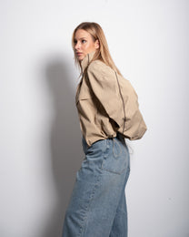 Oversized Contrast Piping Drawstring Windbreaker Jacket Taupe | SEISHIKI STUDIO
