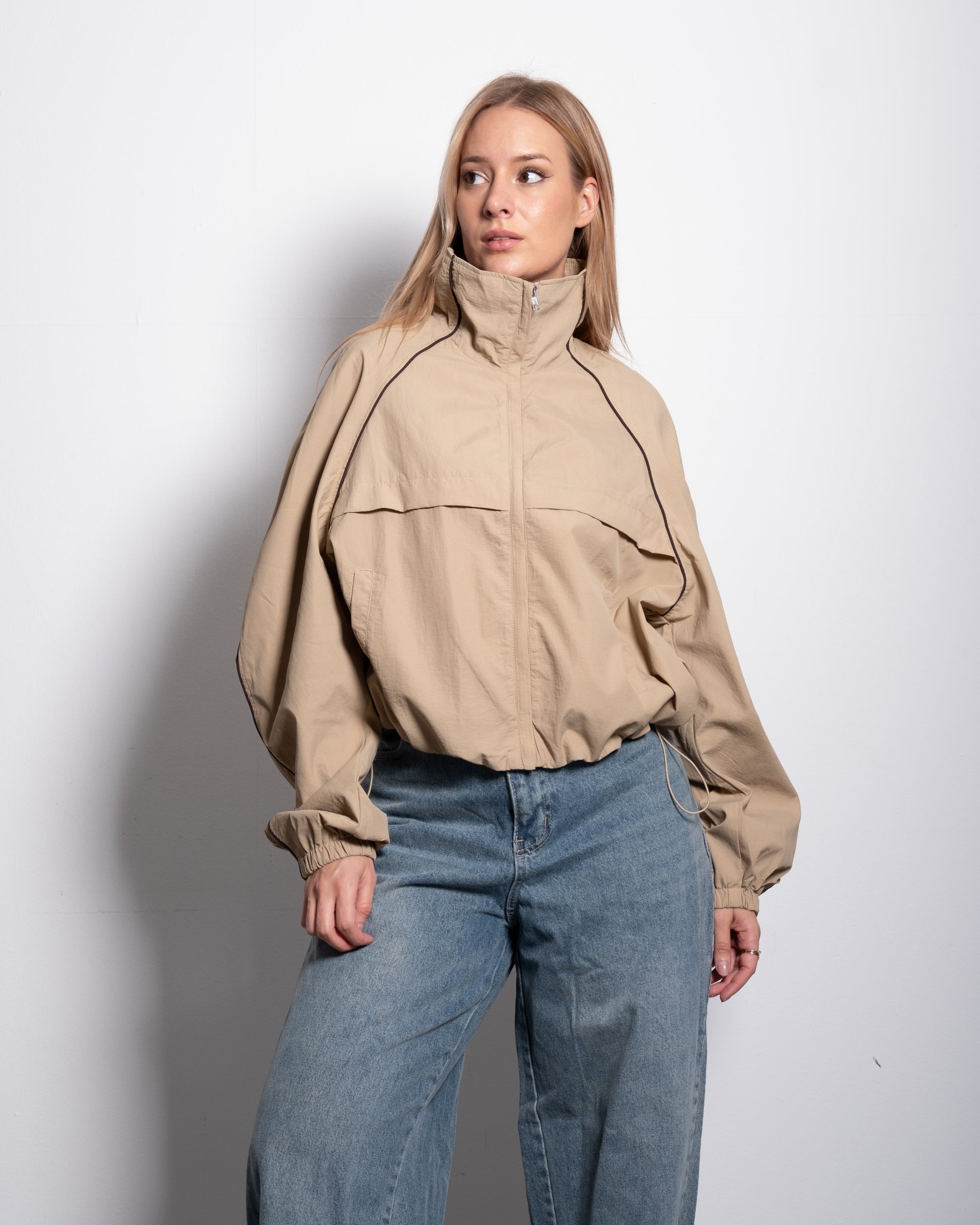 Oversized Contrast Piping Drawstring Windbreaker Jacket Taupe | SEISHIKI STUDIO