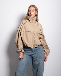 Oversized Contrast Piping Drawstring Windbreaker Jacket Taupe | SEISHIKI STUDIO