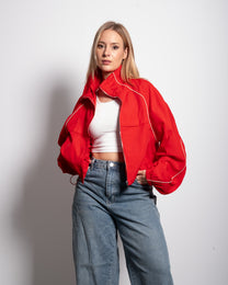 Oversized Contrast Piping Drawstring Windbreaker Jacket Red | SEISHIKI STUDIO
