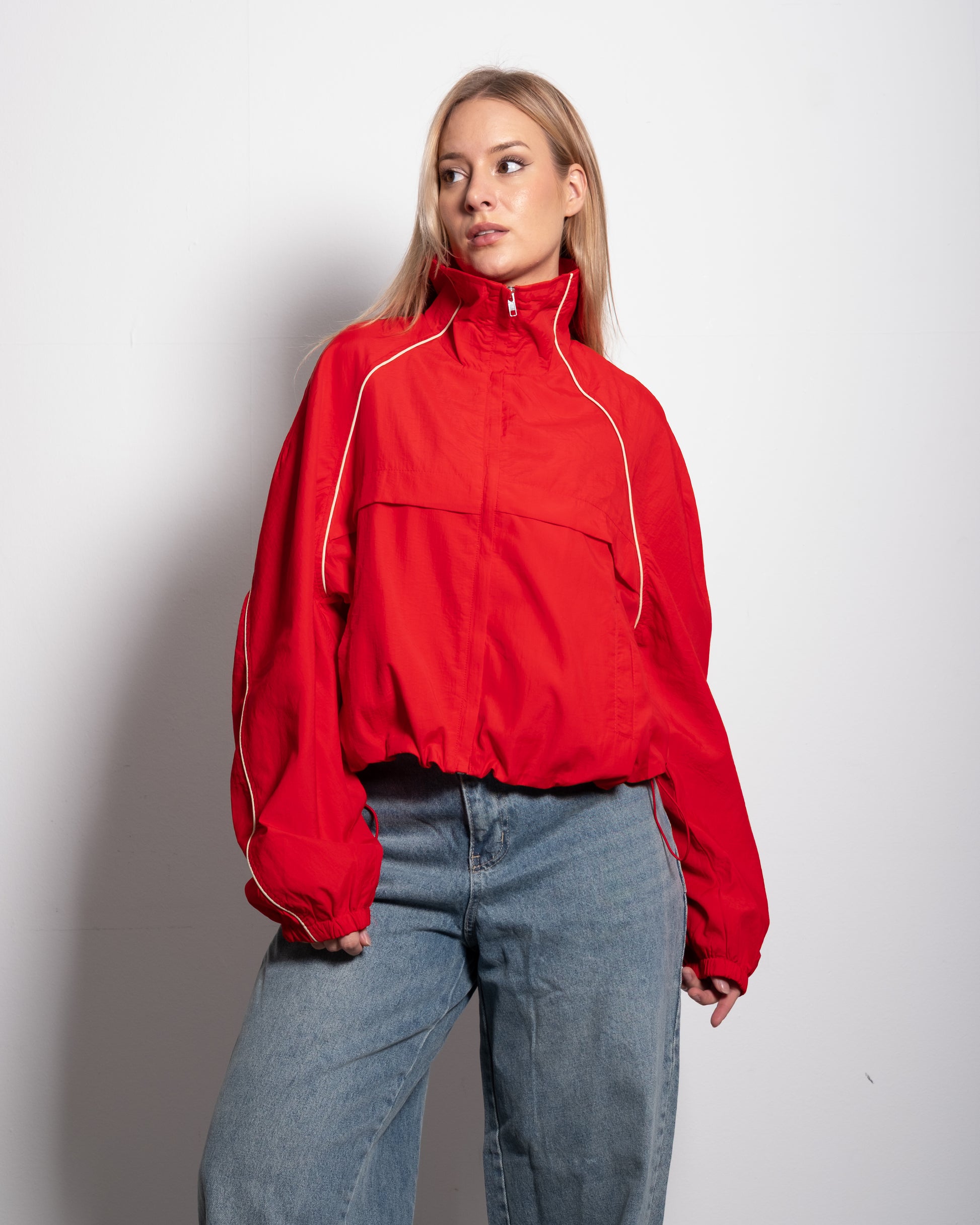Oversized Contrast Piping Drawstring Windbreaker Jacket Red | SEISHIKI STUDIO