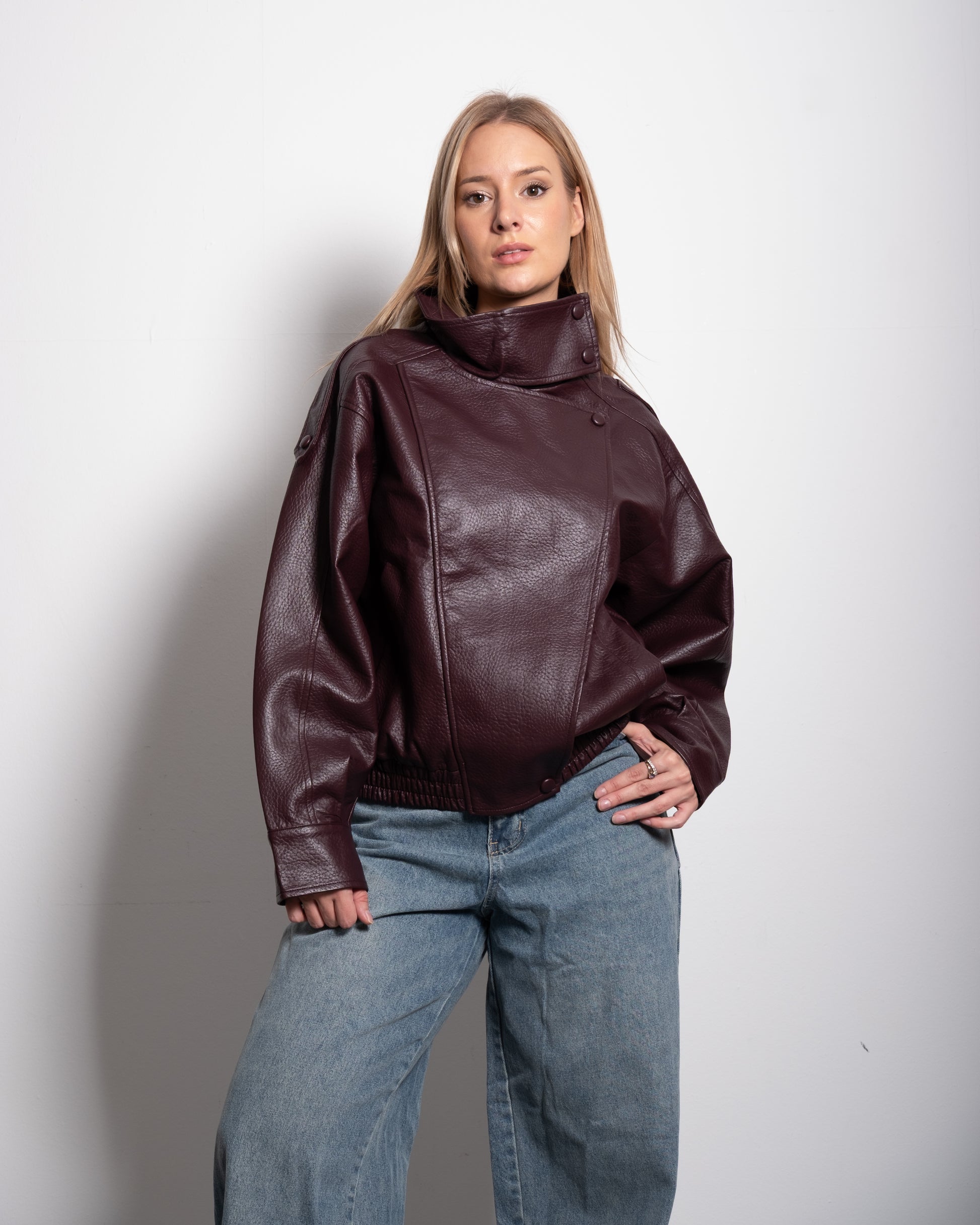 Oversized High Neck Faux Leather Jacket With Asymmetric Flap Detail BURGUNDY | SEISHIKI STUDIO