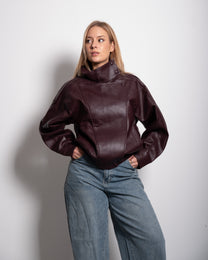 Oversized High Neck Faux Leather Jacket With Asymmetric Flap Detail BURGUNDY | SEISHIKI STUDIO