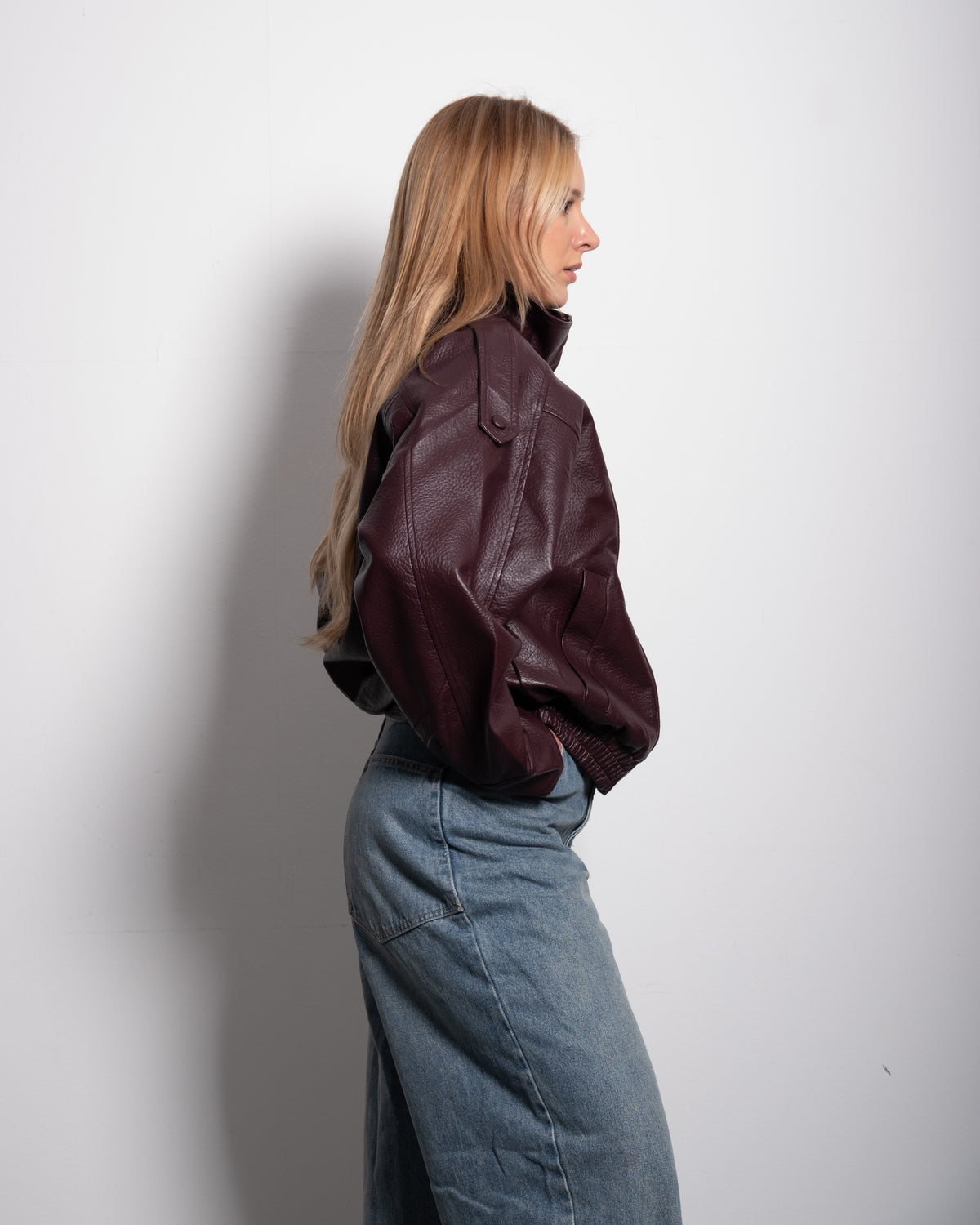 Oversized High Neck Faux Leather Jacket With Asymmetric Flap Detail BURGUNDY | SEISHIKI STUDIO