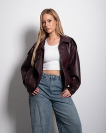 Oversized High Neck Faux Leather Jacket With Asymmetric Flap Detail BURGUNDY | SEISHIKI STUDIO