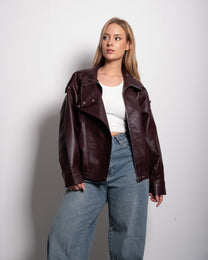 Oversized High Neck Faux Leather Jacket With Asymmetric Flap Detail BURGUNDY | SEISHIKI STUDIO