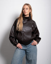 Oversized High Neck Faux Leather Jacket With Asymmetric Flap Detail BROWN | SEISHIKI STUDIO