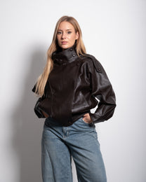 Oversized High Neck Faux Leather Jacket With Asymmetric Flap Detail BROWN | SEISHIKI STUDIO