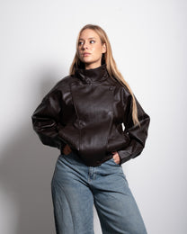 Oversized High Neck Faux Leather Jacket With Asymmetric Flap Detail BROWN | SEISHIKI STUDIO
